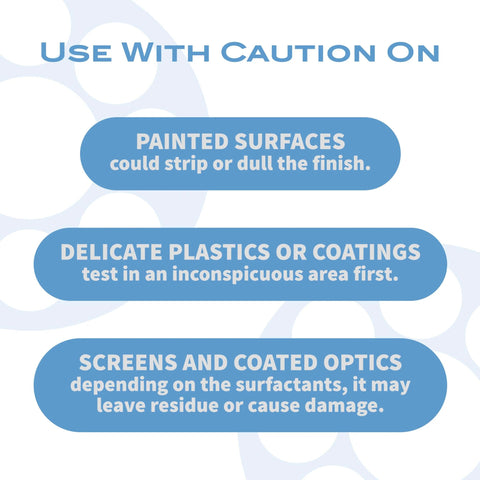 MidOpt optics cleaning solution warning graphic; cautions painted surfaces, delicate plastics, and coated optics.