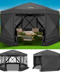 Pop Up Gazebo 15 By 15 Foot Canopy Tent With Sidewalls Screened In For Outdoor Parties And Camping in black, set up on grass.