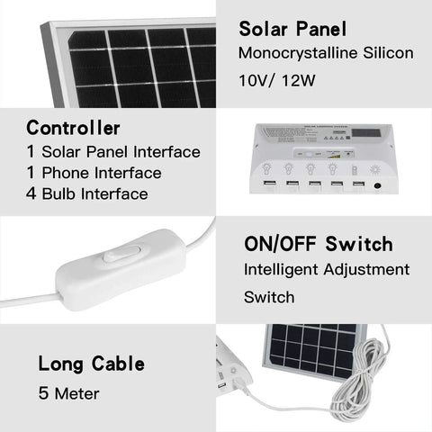 Off Grid Solar Pendant Lights With 12W Panel Four LED Bulbs And 6000mAh Battery For Phone Charging Indoor Outdoor Home Yard Camping Shed Barn Emergency Power Backup With USB DC Outlets