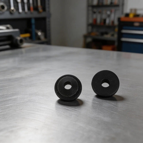Bulletproof Rubber Grommet Kit For 1/8 5/32 And 3/16 Inch Cable Railing Posts featuring black rubber grommets on metal work surface.