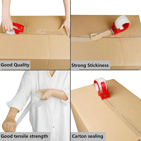 Six Pack Clear Packing Tape With Dispenser 2.7 Mil Thick 1.88 Inch Wide 55 Yard Rolls in use sealing boxes.
