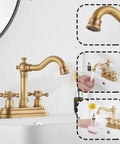 Antique Brass Two-Handle Four Inch Centerset Bathroom Faucet With 360 Degree Swivel High Arc Spout Includes Drain Assembly