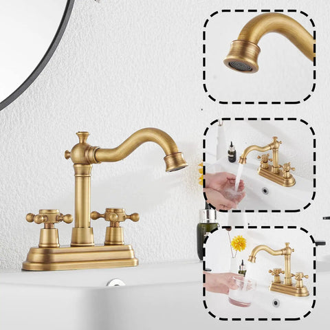 Antique Brass Two-Handle Four Inch Centerset Bathroom Faucet With 360 Degree Swivel High Arc Spout Includes Drain Assembly