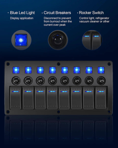 8 Gang Waterproof Rocker Switch Panel With Blue LED Lights Heavy Duty Prewired 12V 24V On Off Switches For Marine Boat Automotive Car RV Truck
