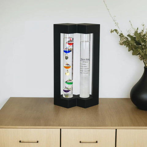 Dope Desktop Weather Station With Galileo Thermometer And Fitzroy Storm Glass Predictor, Matte Black Finish, Five Multicolor Spheres