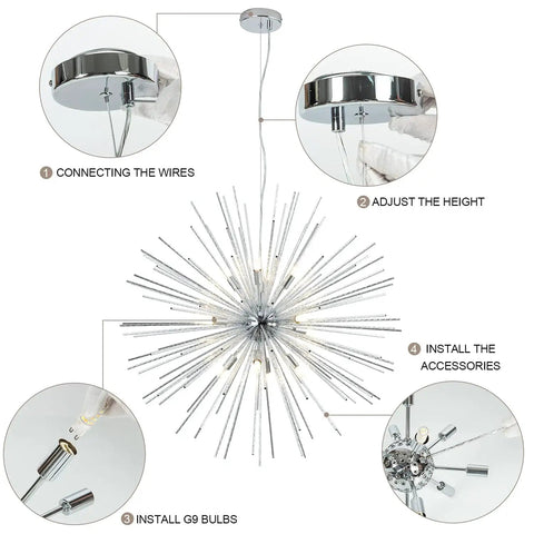 Installation diagram for Sputnik Style 12-Light Chandelier In Polished Chrome Firework Design Pendant Lighting with wiring steps.