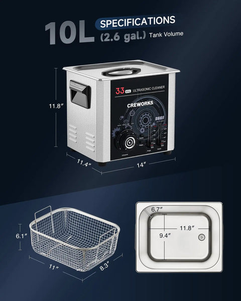 10L Ultrasonic Cleaner With Sweep Frequency, 33kHz Industrial-Grade Parts Cleaner, 240W Ultrasonic Power, stainless steel design