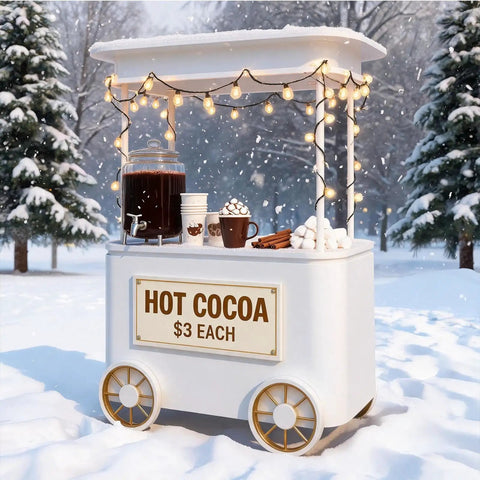 Slick Custom Mobile Food Cart With Roof And Heavy Duty Portable Vendor Display Kiosk For Coffee Snacks Desserts Trade Shows Plus Full Color Branding Makeover in snowy outdoor setting.