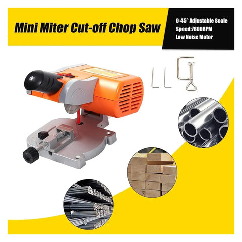 Compact Mini Table Saw And Miter Chop Cutter With 7800Rpm High Speed Steel Blades For Smooth Wood Metal Aluminum Plastic Cutting And Quick 45 Degree Bevel Adjustments No Sweat Badass Workhorse, showing the saw and materials.