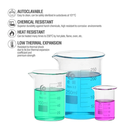 Low Form Borosilicate Glass Beaker Set With 25ml 50ml 100ml 200ml Graduated Beakers And 4 Pcs 1ml Pipettes Thick Wall Lab Gear For Heat And Chemical Resistance Durable Easy Pour Science Lab Essentials with color liquid and measurement markings.