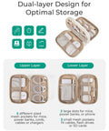 On The Go Electronics Organizer Travel Case With Two Layer Cord Organizer And Seven Mesh Pockets Beige, open showing dual layers.