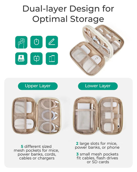 On The Go Electronics Organizer Travel Case With Two Layer Cord Organizer And Seven Mesh Pockets Beige, open showing dual layers.