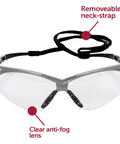 Nemesis Safety Glasses With Clear Anti Fog Lenses And Silver Frame, showing removable neck-strap and close-up of lenses.