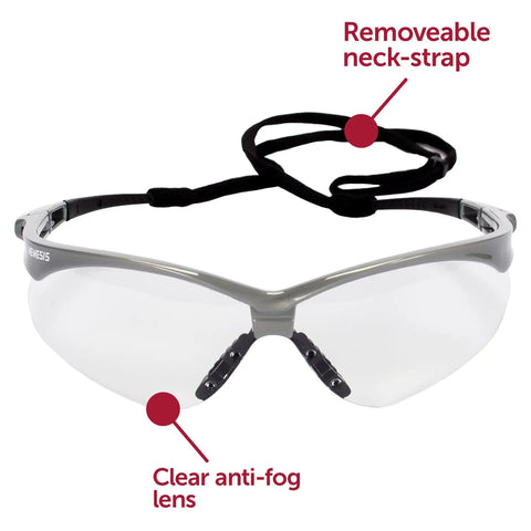 Nemesis Safety Glasses With Clear Anti Fog Lenses And Silver Frame, showing removable neck-strap and close-up of lenses.