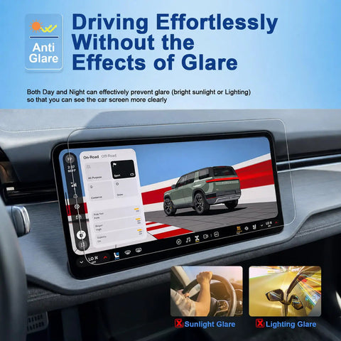 Top Tier Matte Tempered Glass Screen Protector For 2027 Rivian R2 Central Display showcasing anti-glare features on a 15.6 inch screen.