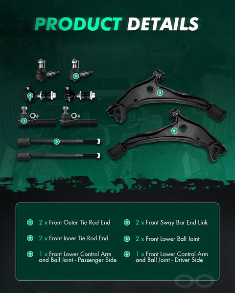 10 Piece Front Suspension Kit For 1999 2002 Nissan Quest And Mercury Villager Loaded With Front Left And Right Lower Control Arms With Ball Joints Front Lower Ball Joints Sway Bar End Links Inner And Outer Tie Rod Ends displayed with parts layout