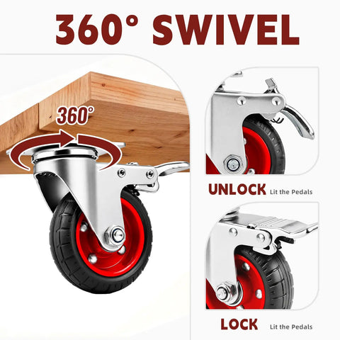 360° swivel of 4 Inch Heavy Duty Swivel Casters With Dual Lock Safety Brakes and Non Marking Rubber Tires for smooth mobility.