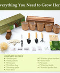 Indoor Herb Garden Starter Kit With Wooden Box Planter Includes Basil Parsley Rosemary Thyme Mint Seeds Plus Coconut Soil Discs Five Burlap Bags Five Plant Markers Three Gardening Tools Pruning Scissors And Spray Bottle A Perfect Gift For Mom displayed with contents