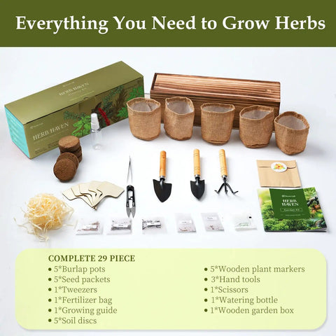 Indoor Herb Garden Starter Kit With Wooden Box Planter Includes Basil Parsley Rosemary Thyme Mint Seeds Plus Coconut Soil Discs Five Burlap Bags Five Plant Markers Three Gardening Tools Pruning Scissors And Spray Bottle A Perfect Gift For Mom displayed with contents