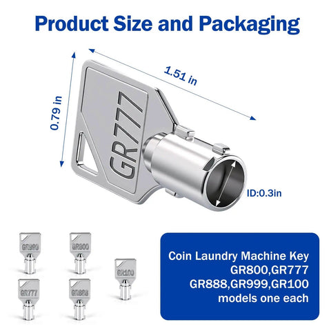 Tubular Key Set Of 5 For Greenwald And Speed Queen Commercial Washers And Dryers Go To Replacement Keys For Coin Operated Laundry Machines Durable Anti Rust Construction Fits Multiple Model Numbers displayed in packaging with measurements for size reference.