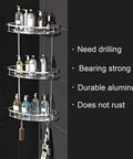 3 Tier Corner Shower Shelf Wall Mounted Bathroom Organizer With Hollow Carved Drainage Design Space Efficient Aluminum Rack And Hardware Kit For Shower Toilet Kitchen Storage No Fuss, drilled corner view