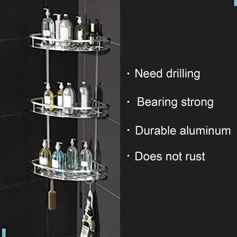 3 Tier Corner Shower Shelf Wall Mounted Bathroom Organizer With Hollow Carved Drainage Design Space Efficient Aluminum Rack And Hardware Kit For Shower Toilet Kitchen Storage No Fuss, drilled corner view