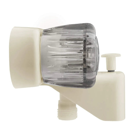 Side view of RV Tub And Shower Faucet Diverter Valve With Smoked Acrylic Knobs, Bisque Parchment Finish, Classic Arc Spout