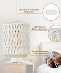 Super Easy Plug In Rattan Pendant Light With 15Ft Cord And Smooth Dimmer Switch Handwoven White Wicker Shade, showcasing dimmer switch and woven design.