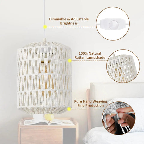 Super Easy Plug In Rattan Pendant Light With 15Ft Cord And Smooth Dimmer Switch Handwoven White Wicker Shade, showcasing dimmer switch and woven design.