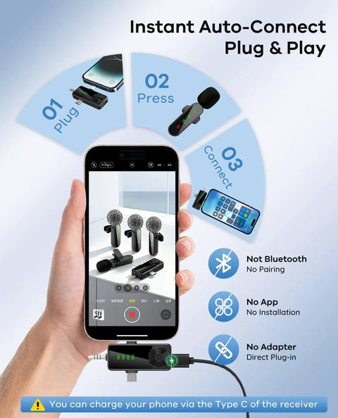 Four Pack Wireless Lavalier Microphones Kit For iPhone Android And Cameras with instant auto-connect, plug and play features.
