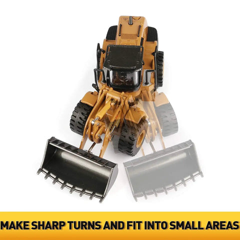 1/50 Scale Diecast Four Wheel Loader Toy Metal Construction Equipment Bulldozer Model For Kids Realistic Details For Indoor Play And Display Durable Mini Loader For Collectors And Builders, showcasing maneuverability with sharp turns.