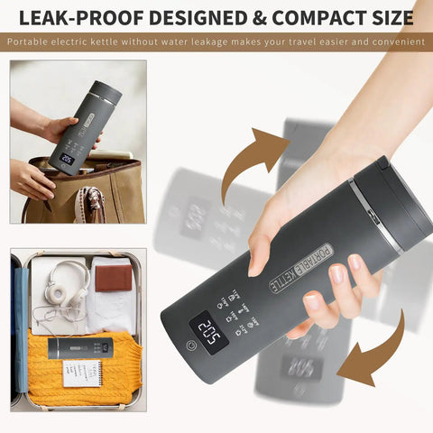 Travel Electric Kettle With 6 Temperature Presets, LCD Display, 304 Stainless Steel, 450ml Capacity, Ultra Compact Portable Gray