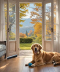 Golden retriever lying on wooden floor with a blue ball, framed by open doors leading to a scenic autumn view.