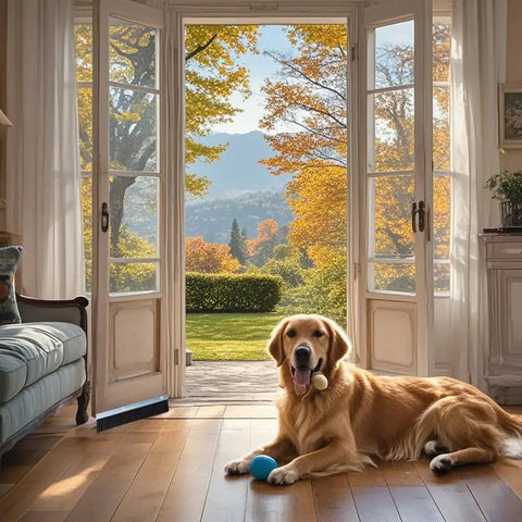 Golden retriever lying on wooden floor with a blue ball, framed by open doors leading to a scenic autumn view.
