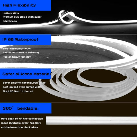 Neon LED Strip Lights 16.4ft 6500K White Flexible Waterproof Silicone Cuttable And Bendable for home decor and signage