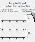 Diagram showing 27 ft Ambience Pro Solar Powered Outdoor String Lights For Patios And Pergolas with solar panel and 12 LED bulbs.