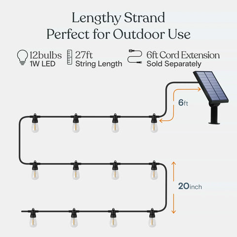 Diagram showing 27 ft Ambience Pro Solar Powered Outdoor String Lights For Patios And Pergolas with solar panel and 12 LED bulbs.