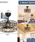 Dope Matte Black Crystal Cage Ceiling Fan With Light, Industrial Farmhouse Vibe With Remote Control, 18.1 inch size display