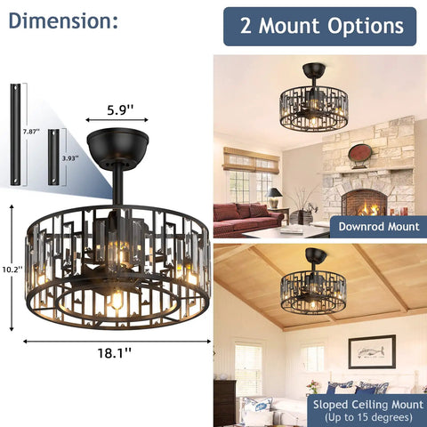 Dope Matte Black Crystal Cage Ceiling Fan With Light, Industrial Farmhouse Vibe With Remote Control, 18.1 inch size display