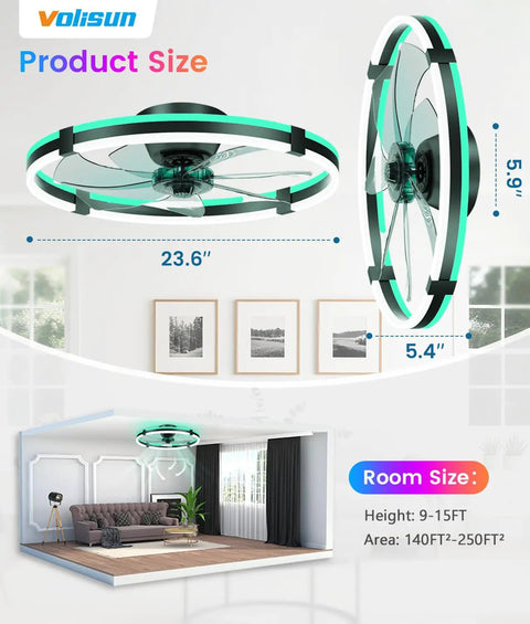 Sleek 24 Inch Rgb Ceiling Fan With Built In Lights And Wireless Remote, Low Profile Flush Mount Setup, Adjustable Cool To Warm Dimming, Whisper Quiet Bladeless Design, Total Room Vibe For Bedrooms Or Chill Spaces showing product details and dimensions in living room setting.