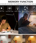 Metal Swing Arm Led Desk Lamp With Clamp Eye Caring Architect Desk Light Dimmable With 3 Color Modes shown in use and brightness settings.