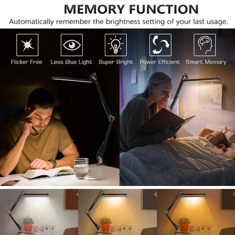 Metal Swing Arm Led Desk Lamp With Clamp Eye Caring Architect Desk Light Dimmable With 3 Color Modes shown in use and brightness settings.