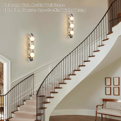 Natural Marble Bathroom Vanity Light, Alabaster 3-Light Wall Sconce with unique violet veining installed on a stairway wall.