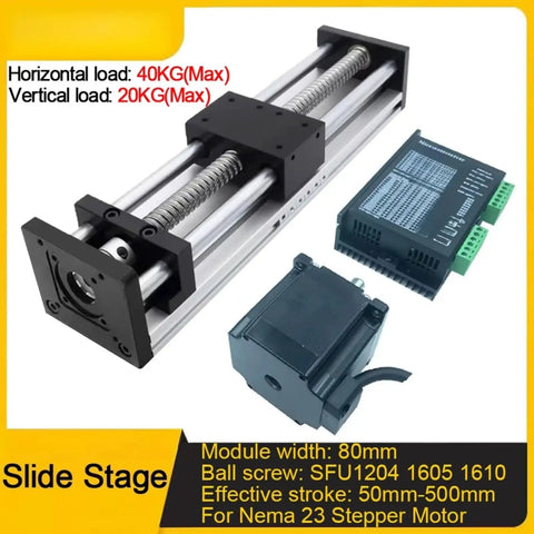 Beefy 50mm Wide Linear Guide Slide Table With SFU1204 Ball Screw, 200mm Travel, 57mm Opening, 2.2Nm Torque, 1605 1610 Leads, Nema 23 Stepper Compatible, Perfect For CNC Router And Milling Motion. slide stage with controller and Nema 23 motor
