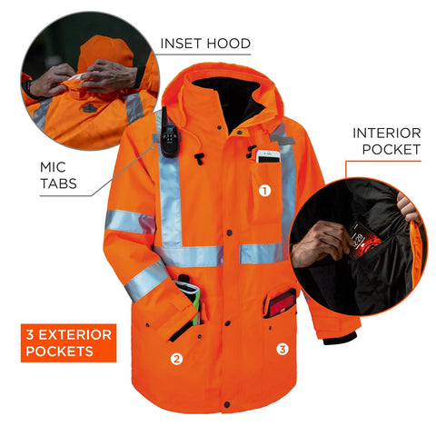 GloWear 8385 ANSI High Visibility 4-in-1 Reflective Safety Jacket with inset hood, mic tabs, and pockets shown