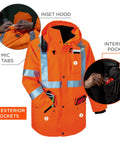Year Round High Visibility 4 In 1 Safety Jacket With Removable Sleeves Orange ANSI Class 3 Reflective Gear showing pockets