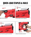 Cordless 18 Gauge Brad Nailer And Electric Stapler Kit With 20V Battery Charger demonstrating quick-load staples and nails process.