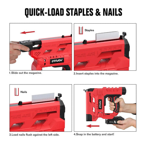 Cordless 18 Gauge Brad Nailer And Electric Stapler Kit With 20V Battery Charger demonstrating quick-load staples and nails process.
