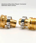 Get Garden Hose Repair Kit Fix Leaks Fast With Stainless Steel Clamps And Aluminum Fittings For 5/8 Or 3/4 Inch Hoses plus Washers And Connectors. Gold hose repair connector and stainless steel clamps on white background.