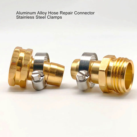 Get Garden Hose Repair Kit Fix Leaks Fast With Stainless Steel Clamps And Aluminum Fittings For 5/8 Or 3/4 Inch Hoses plus Washers And Connectors. Gold hose repair connector and stainless steel clamps on white background.
